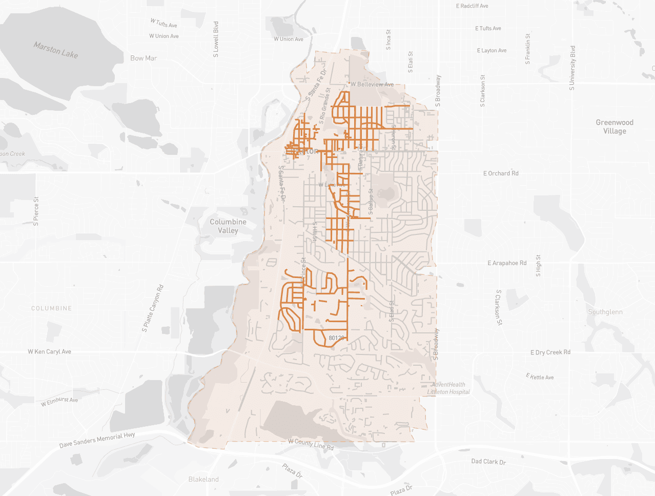 EDDM carrier routes selected on a map for zip code 80120