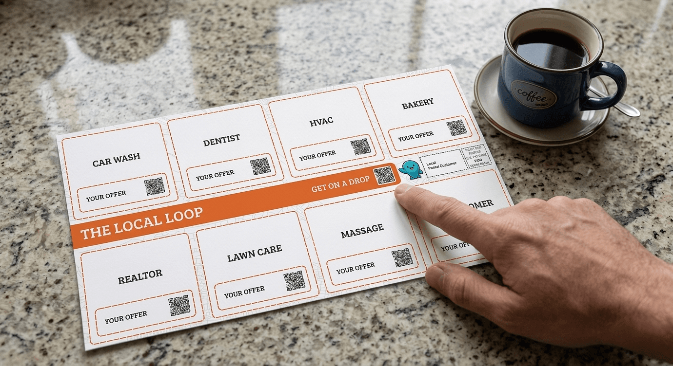 A community card with advertising spots for local businesses like car wash, dentist, lawn care, and realtor — each with a QR code