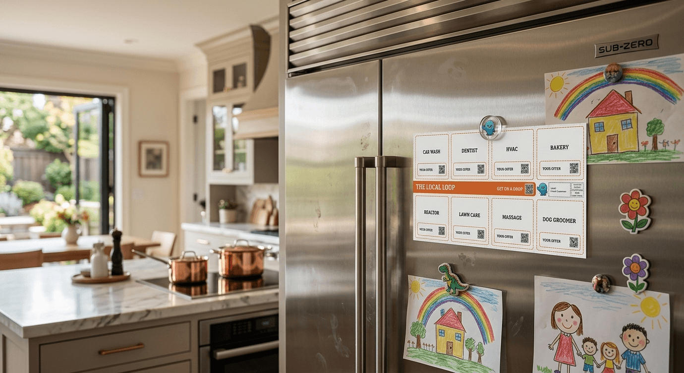 A community card posted on a kitchen fridge alongside family drawings — showing how shared mailer cards stay visible in homes
