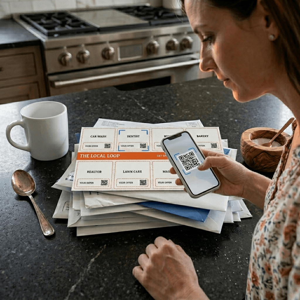 A homeowner scanning a QR code on a community card with their phone