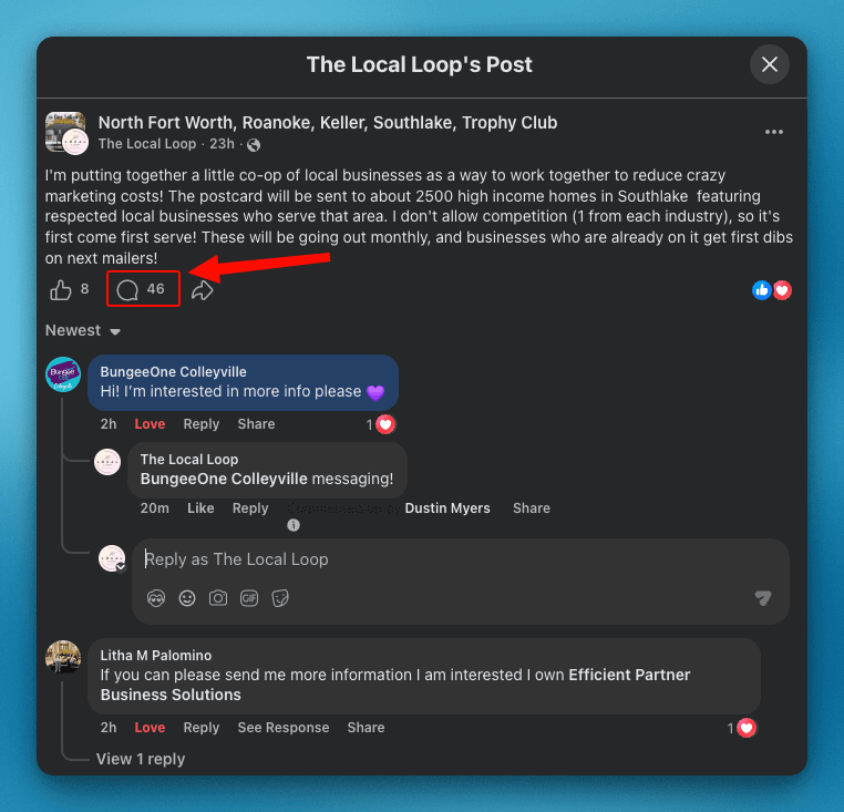 Facebook post from The Local Loop in a Southlake business group with 8 likes, 46 comments, and business owners responding with interest