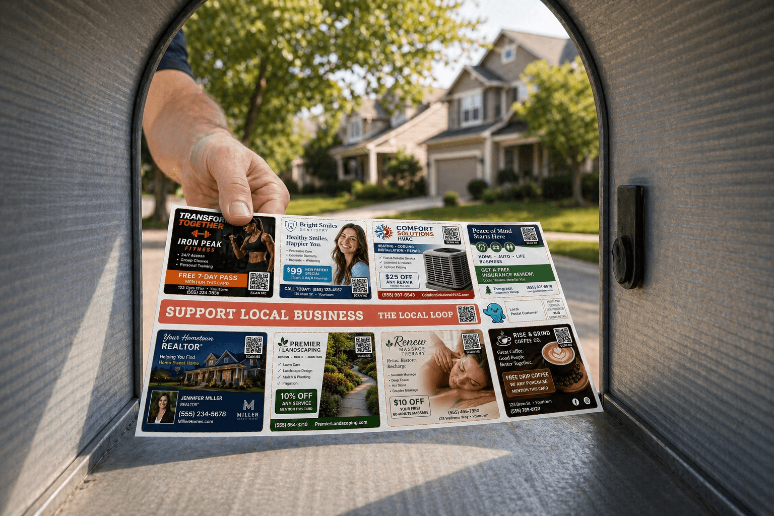 A SpotDrops community card being pulled from a suburban mailbox.