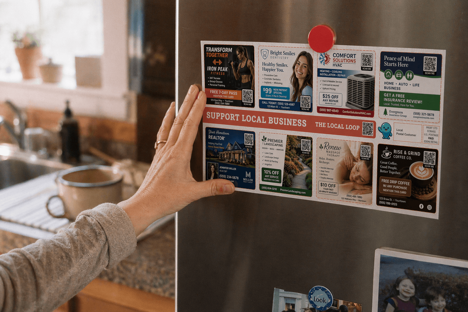 A SpotDrops card stuck to the front of a refrigerator in a home kitchen.