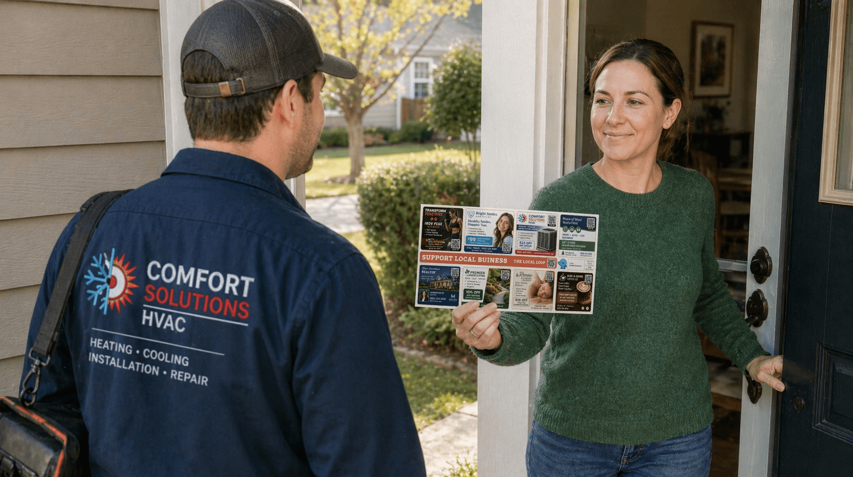 A homeowner showing the SpotDrops card to an HVAC technician at her front door.