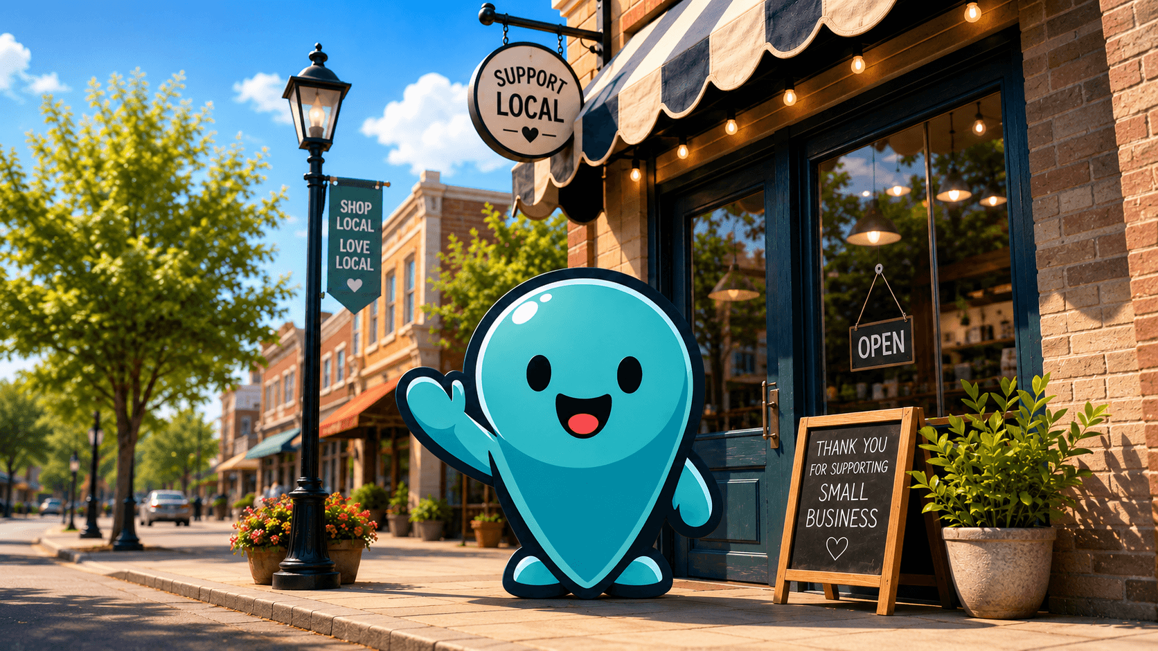 Droppy, the SpotDrops mascot, waving in front of a friendly main-street shop with Support Local and Open signs